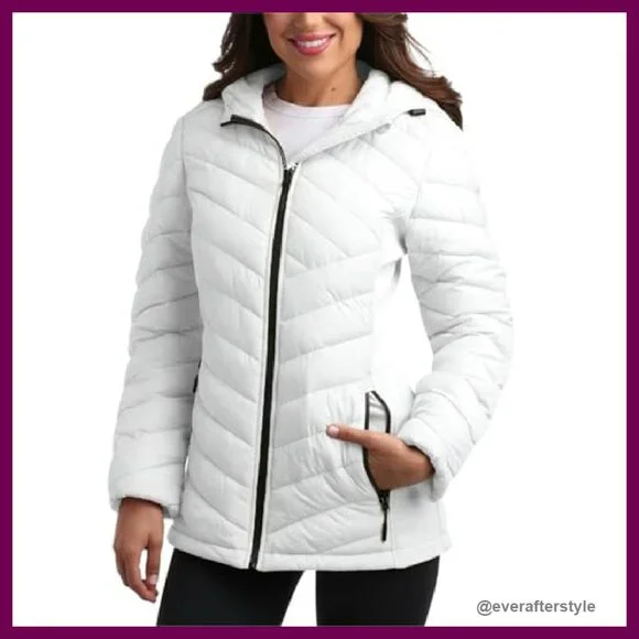 Midweight Quilted Puffer Jacket Full Zip Hooded Winter Coat Chic Versatile